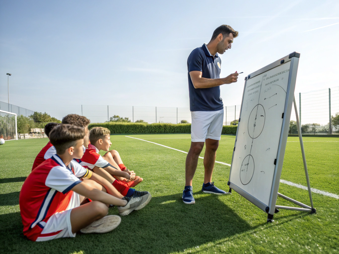 Dedicated coach mentoring a young player on the sidelines